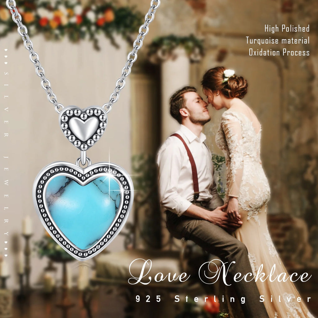 Heart Pendant Turquoise Necklace 18K White Gold Plated Jewelry T9337