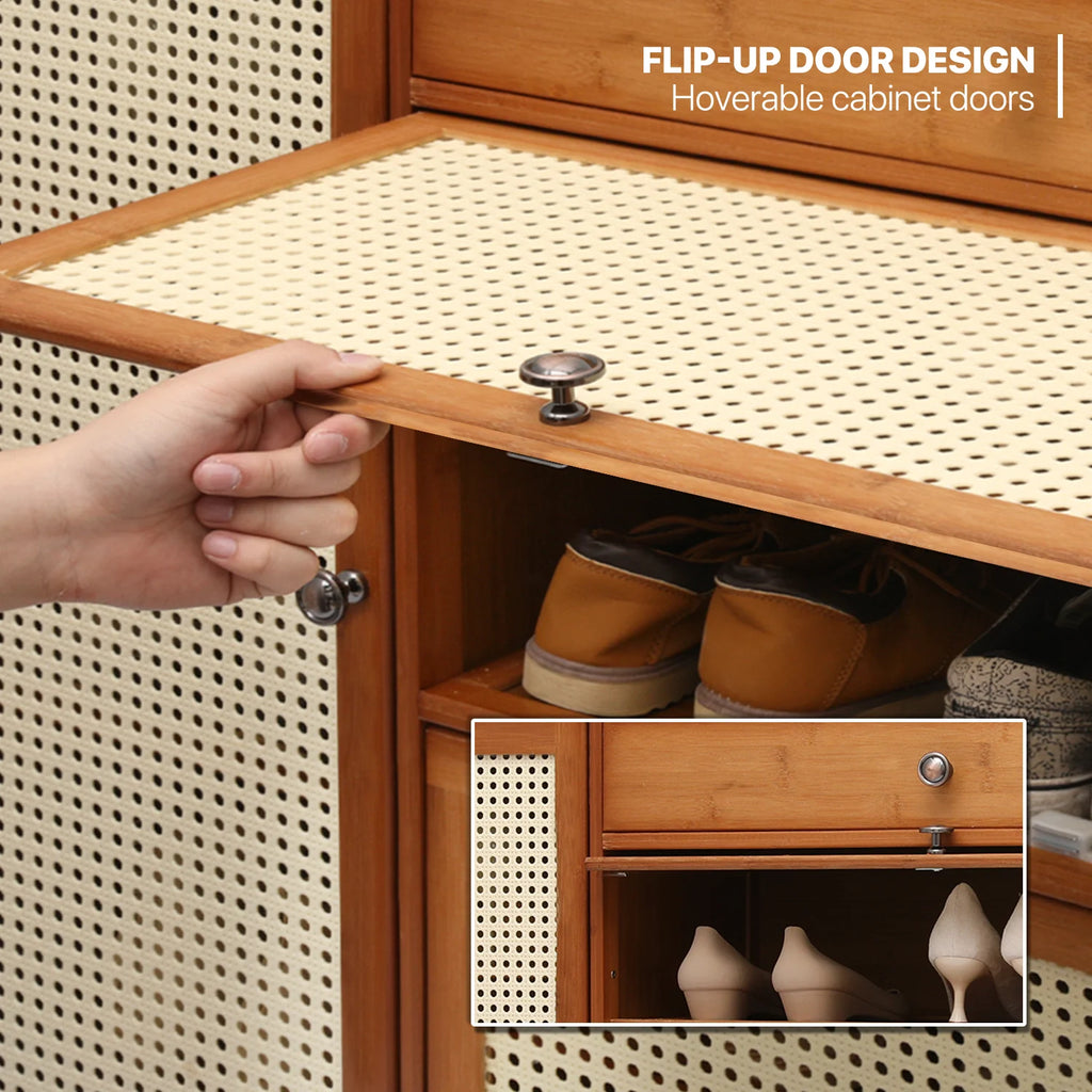 6-Tiers Rattan Shoe Storage Cabinet with Drawer, 32 Pairs, 8 Boots Compartments, Brown Q658177