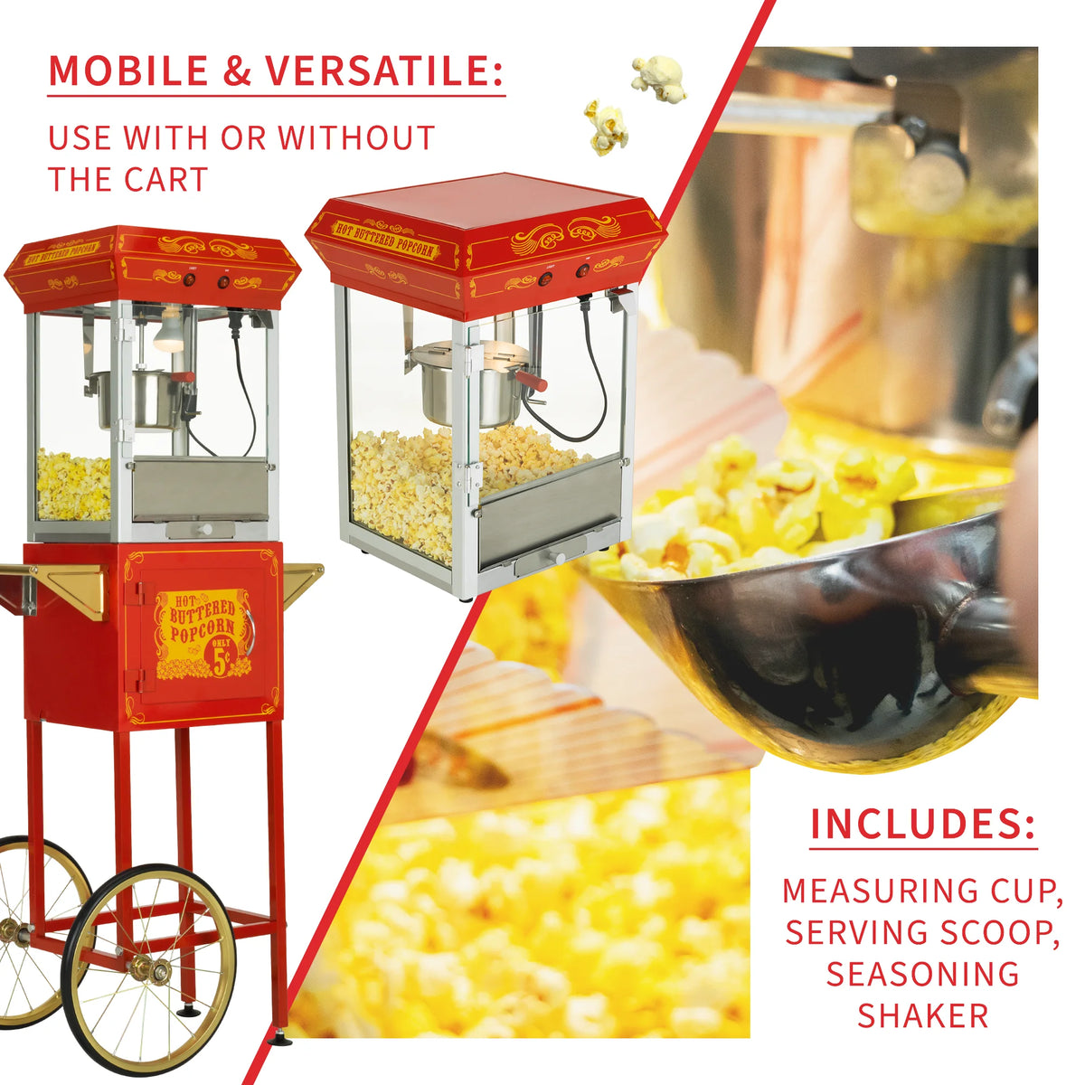 Red and Gold 4 oz Hot Oil Popcorn Maker Machine with Cart T42013