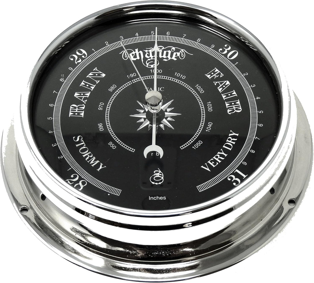 Chrome Barometer with Jet Black Dial, Heavy Brass Case V45235