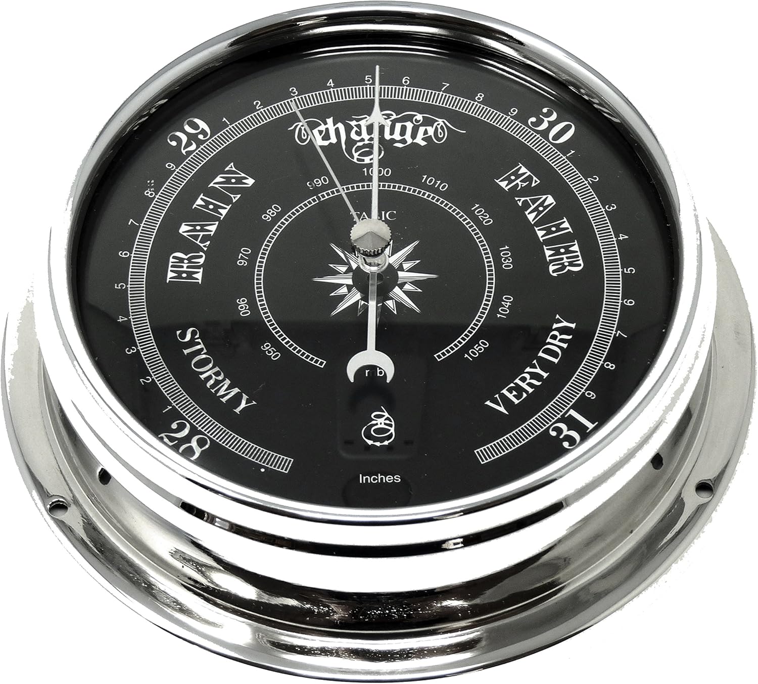 Chrome Barometer with Jet Black Dial, Heavy Brass Case V45235