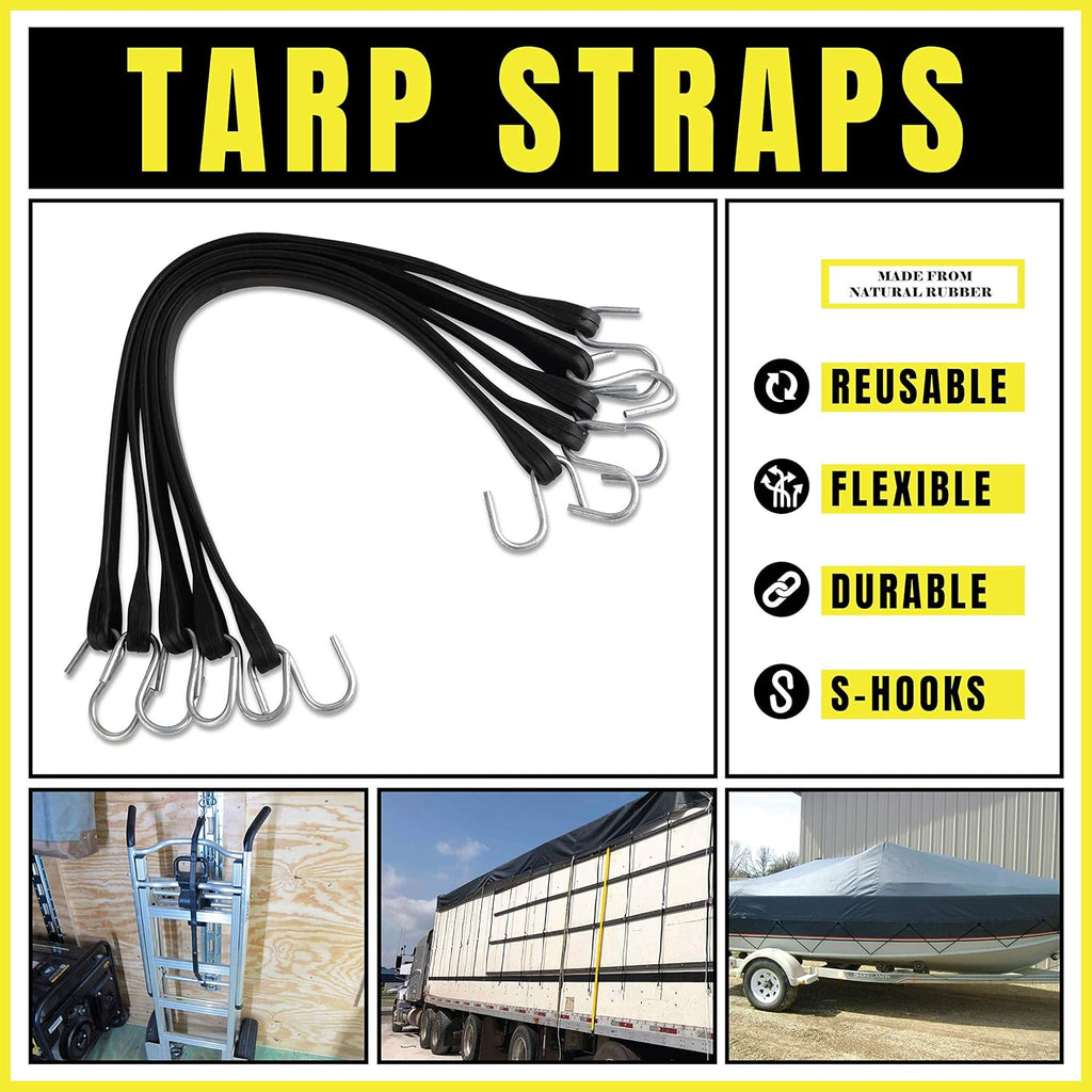 Rubber Tarp Straps 15" Pack of 25 Heavy-Duty Natural Rubber Bungee Cords with Hooks S571174