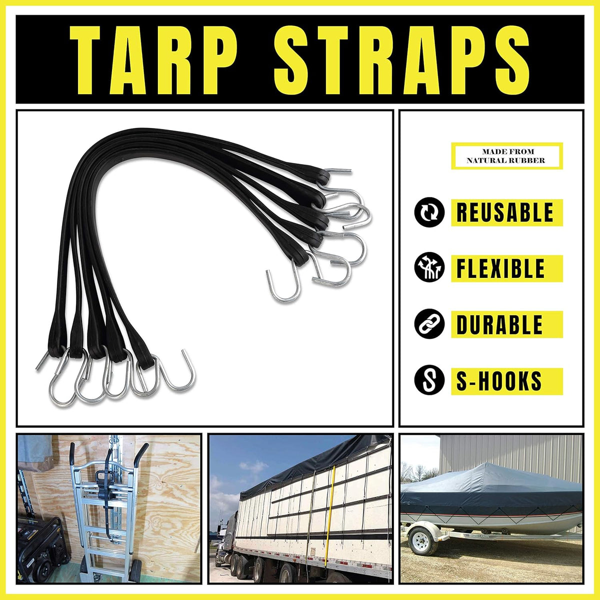 Rubber Tarp Straps 15" Pack of 25 Heavy-Duty Natural Rubber Bungee Cords with Hooks S571174