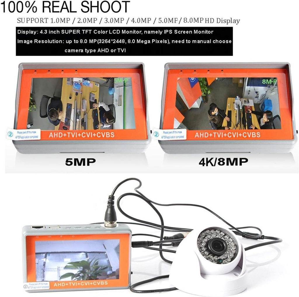4 in 1 CCTV Tester for 1080P/3.0mp/4mp/5mp/8.0 Megapixel AHD, TVI, CVI, CVBS Analog Security Camera, 4.3 Inch IPS LCD Screen Video Monitor,12V 1A DC Out,PTZ/UTP Cable/Audio Tester Pack of 2 O8311