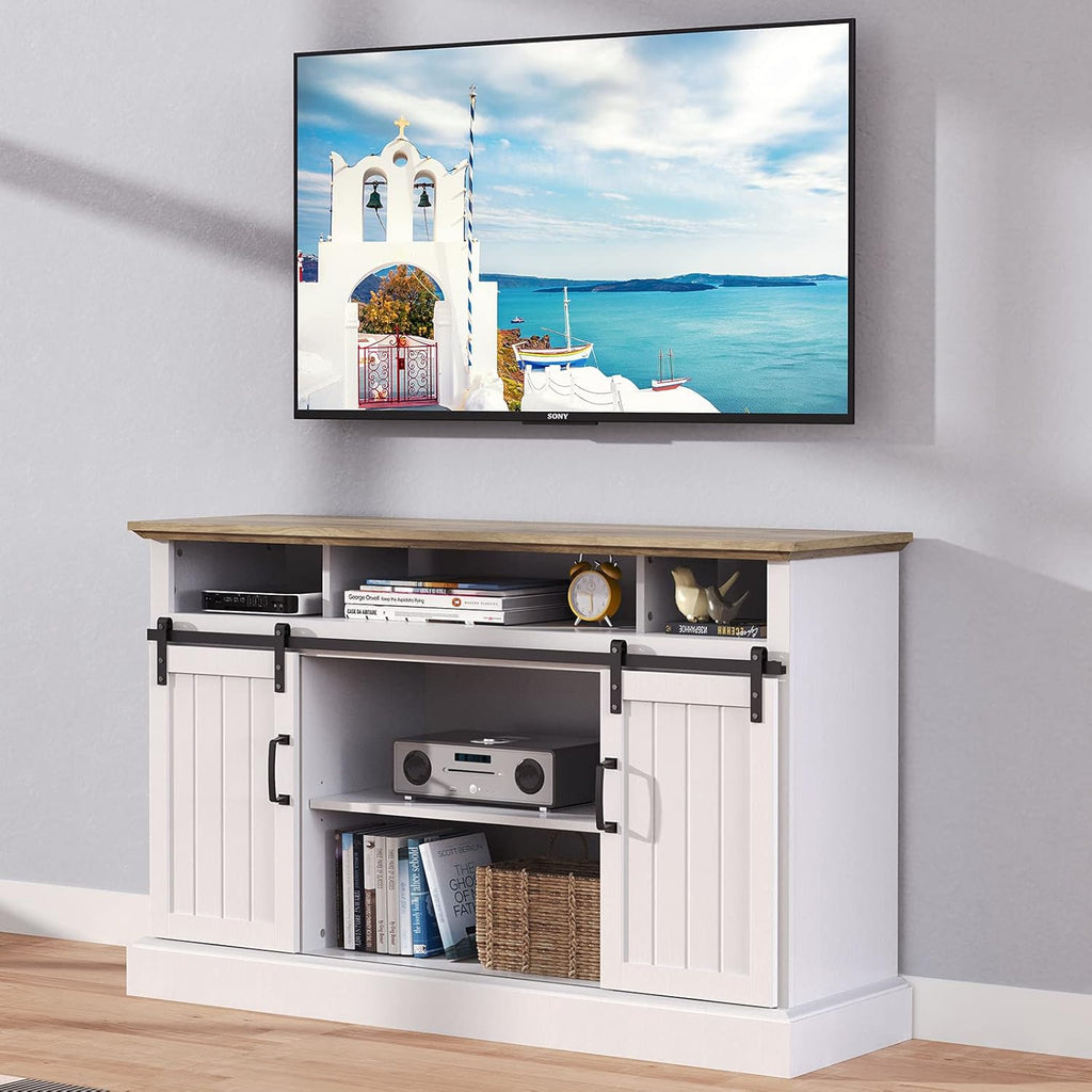 White Sliding Barn Door TV Stand with Adjustable Shelves P4824