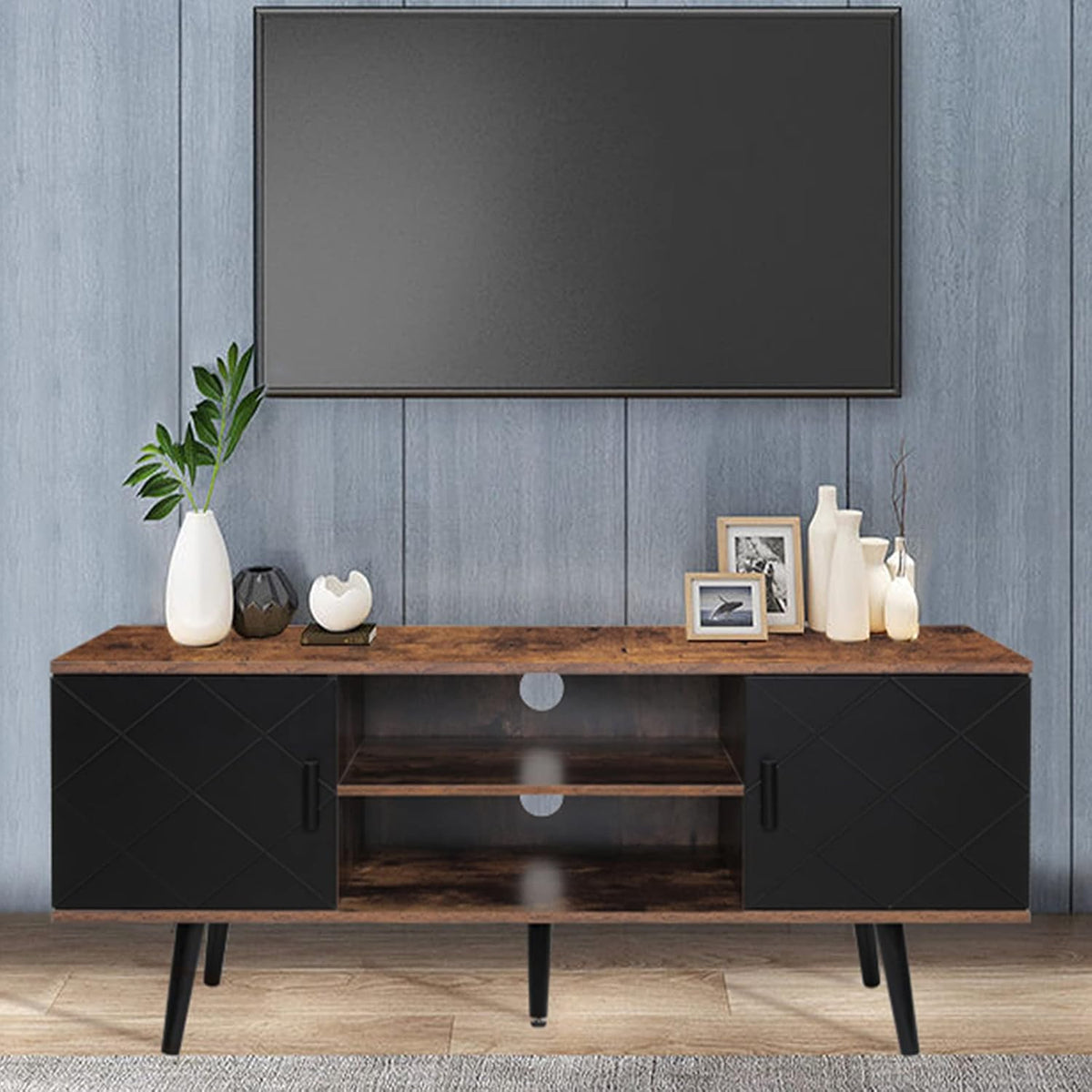 Dark Walnut Retro TV Stand with 2 Cabinet and 2 Shelves X98417