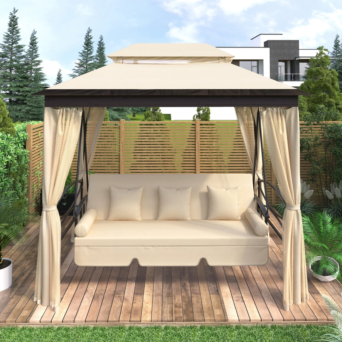 8.9 Ft. W x 5.9 Ft. D Outdoor Gazebo with Convertible Swing Bench, Double Roof Soft Canopy with Mosquito Netting C3609