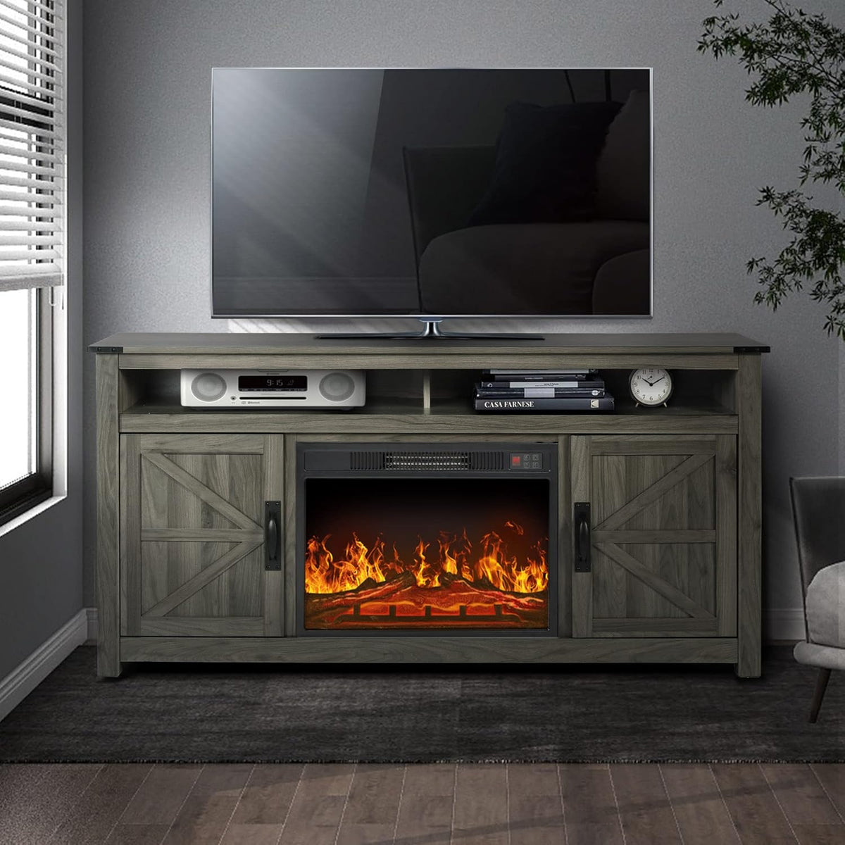 Gray Barn Door TV Stand with 2 Storage Cabinets and Open Shelves Q175761