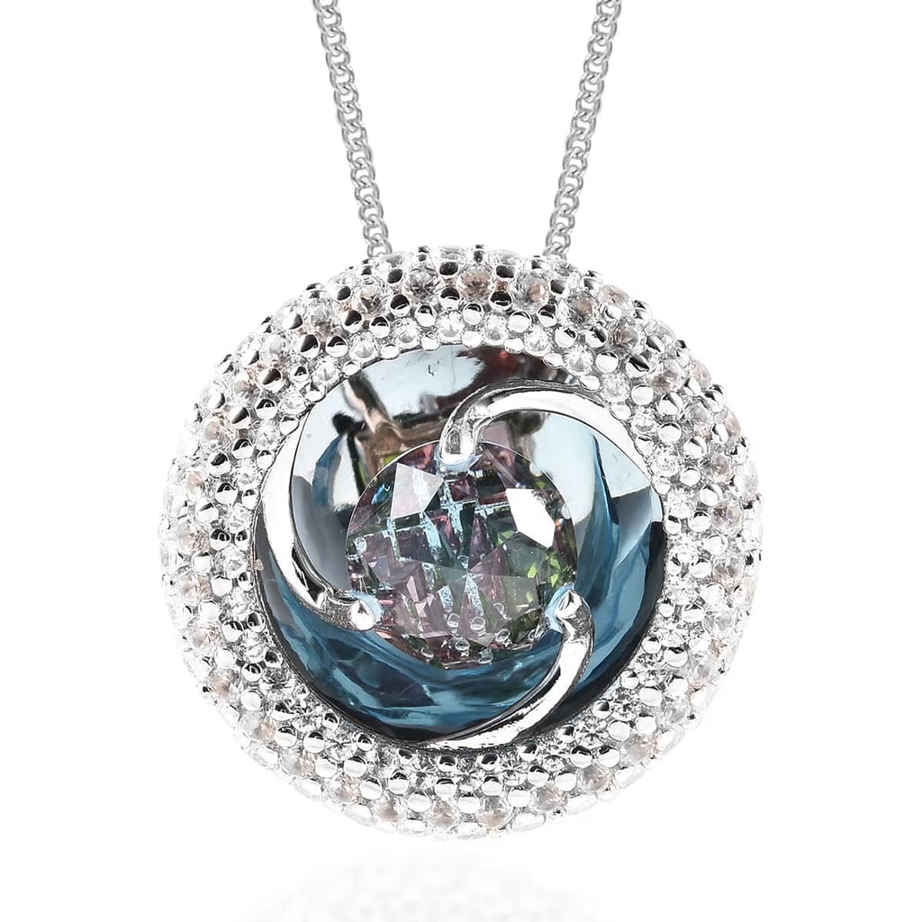 Blue Topaz Red Garnet 925 Sterling Silver Rhodium Plated Pendant Necklace W80139
