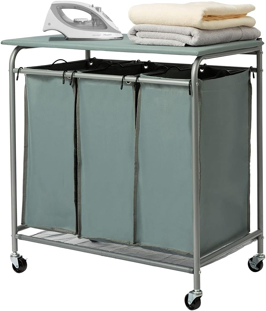 3-Bag Laundry Sorter Cart with Ironing Board Black E806