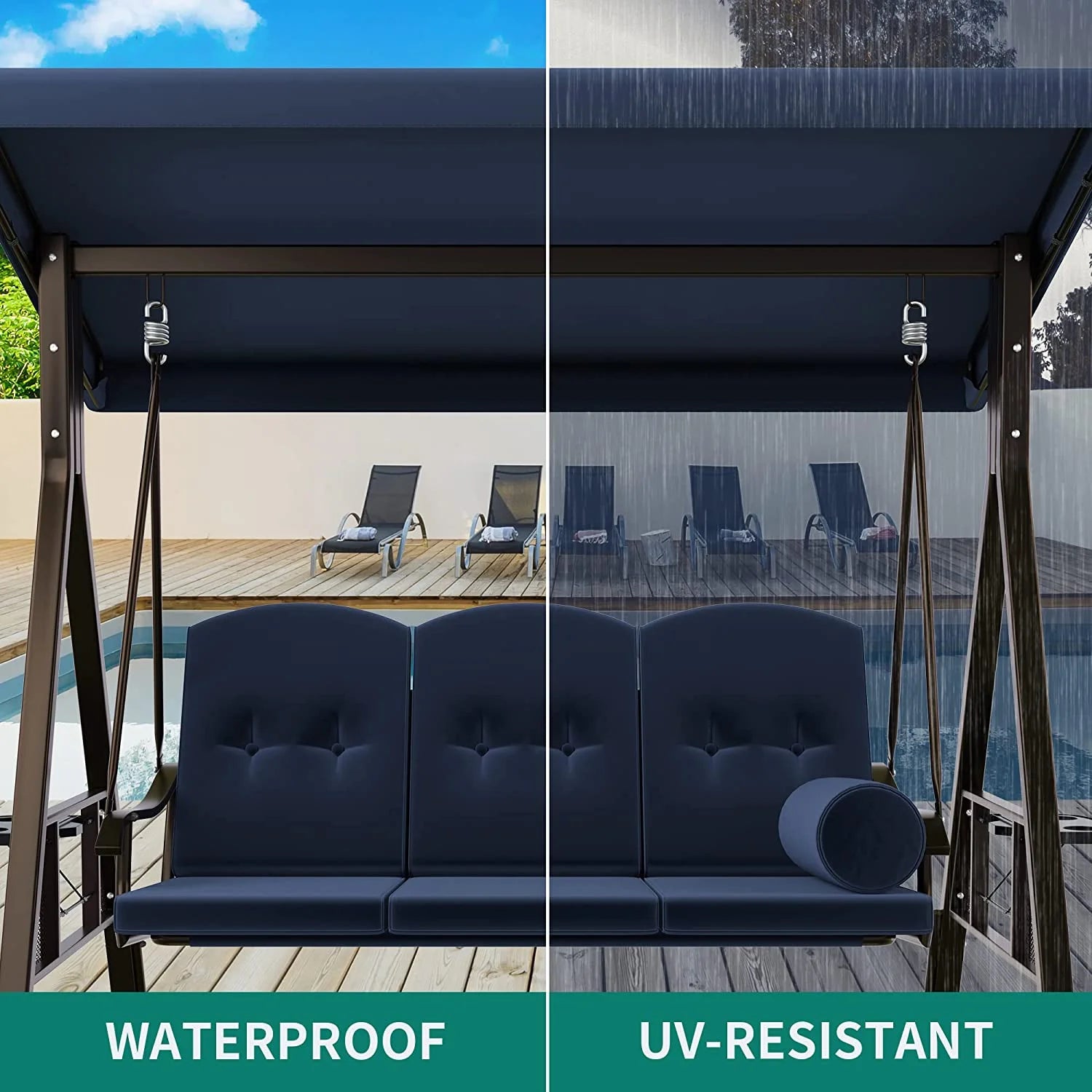 Navy Blue 3-Seat Steel Frame Patio Swing Chair with Canopy and Cushions S698