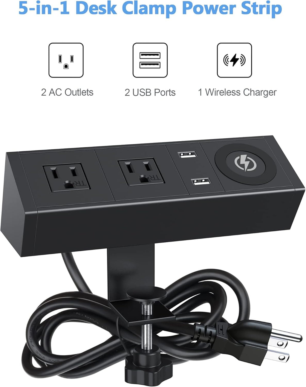Desk Clamp Power Strip with Wireless Charger, 6ft Cable K834