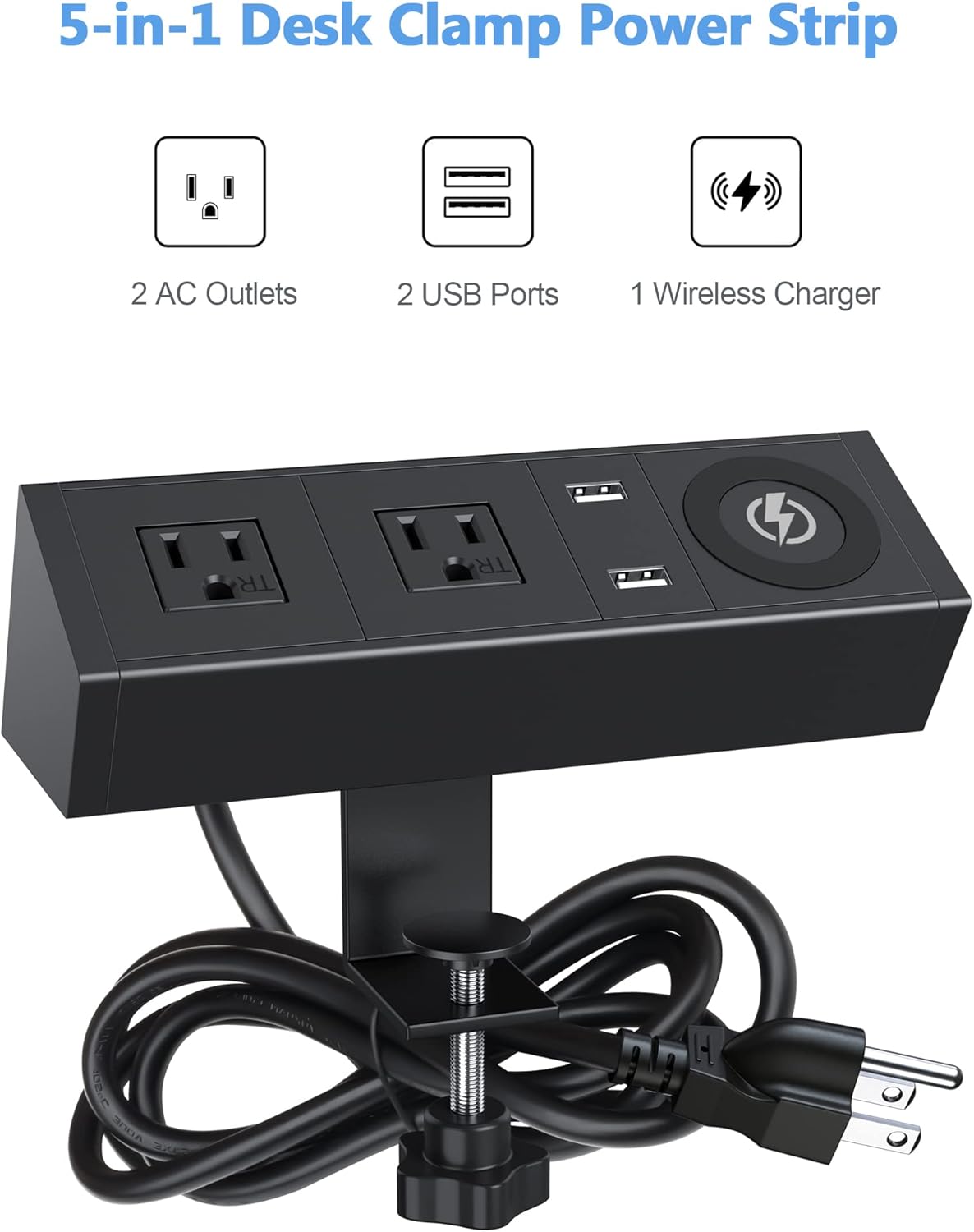 Desk Clamp Power Strip with Wireless Charger, 6ft Cable K834