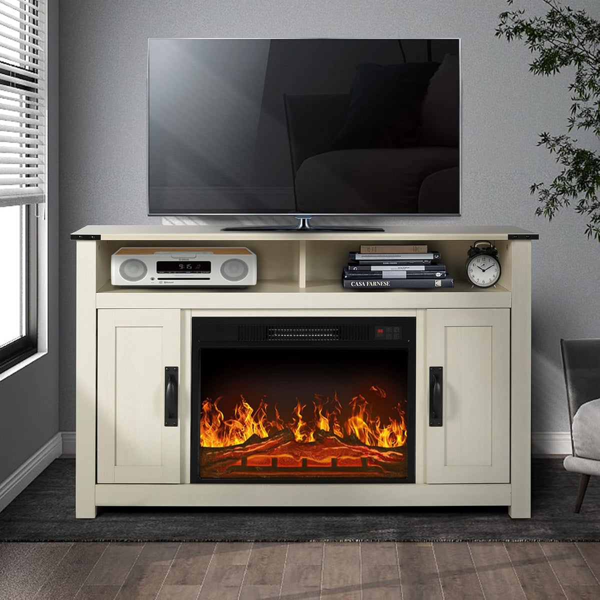 Gray Barn Door TV Stand with 2 Storage Cabinets and Open Shelves Q175761