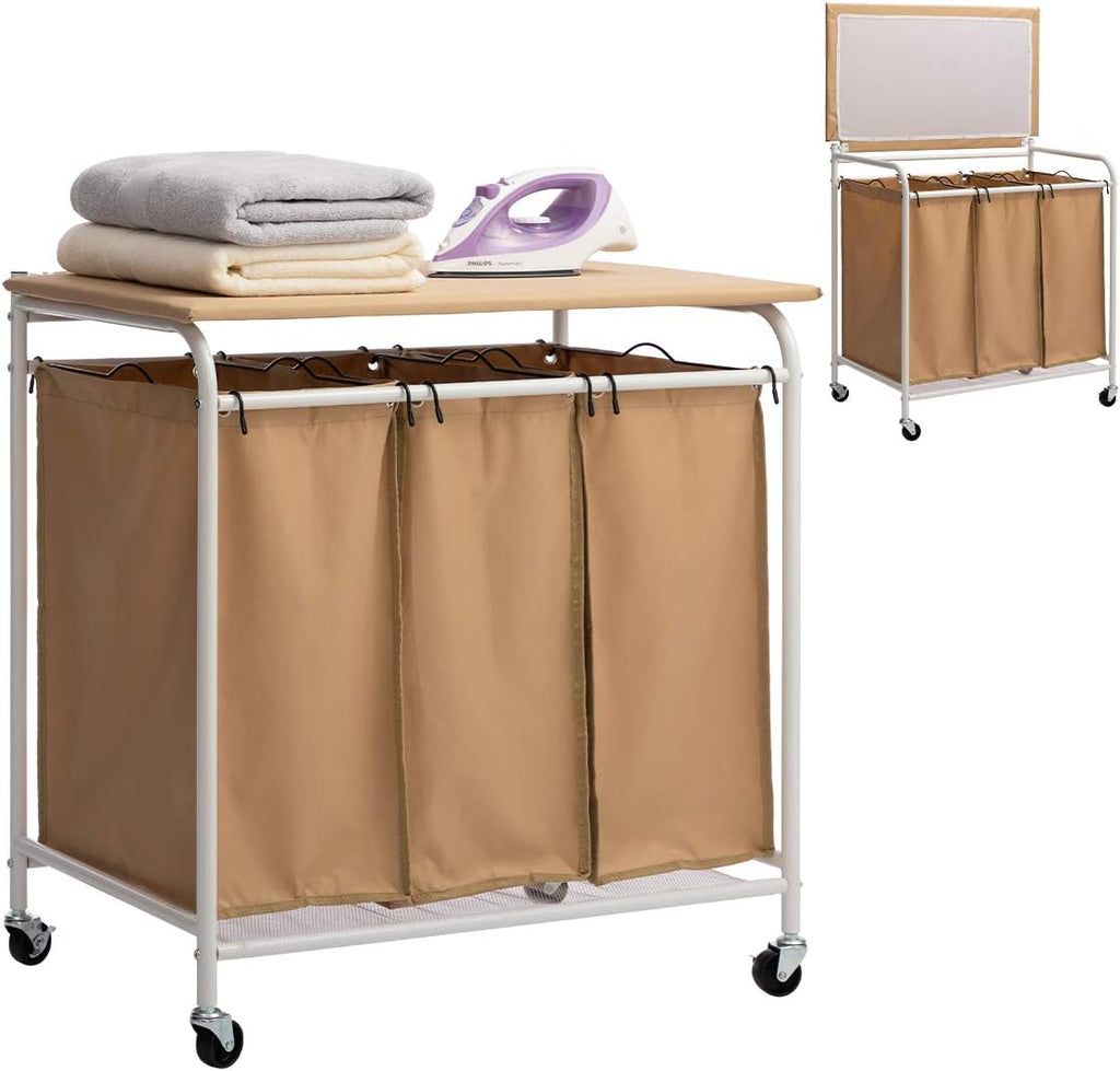 3-Bag Laundry Sorter Cart with Ironing Board Black E806