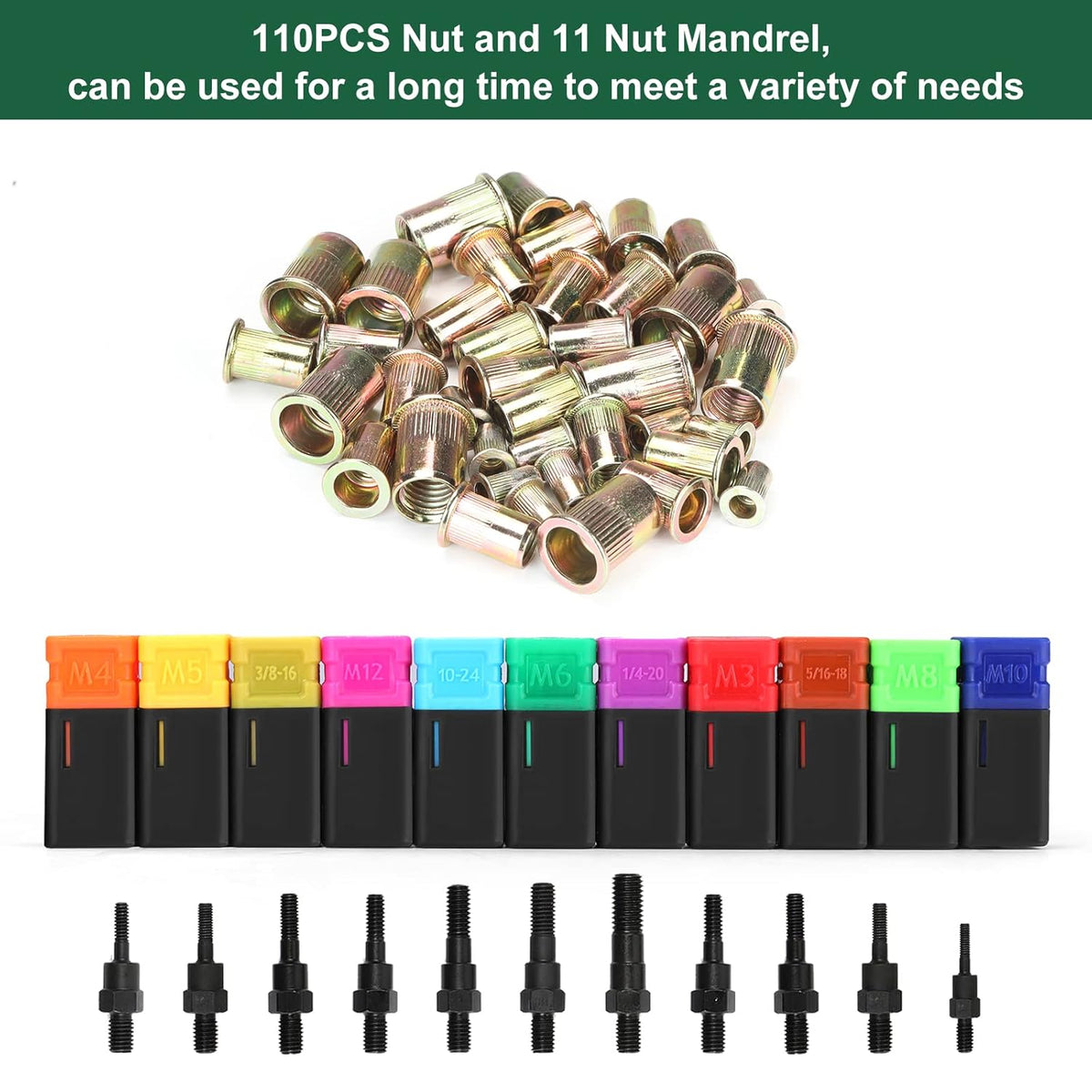Rivnut Tool Kit with 11 Mandrels, 110PCS Rivet Nuts, Carry Case Y3039