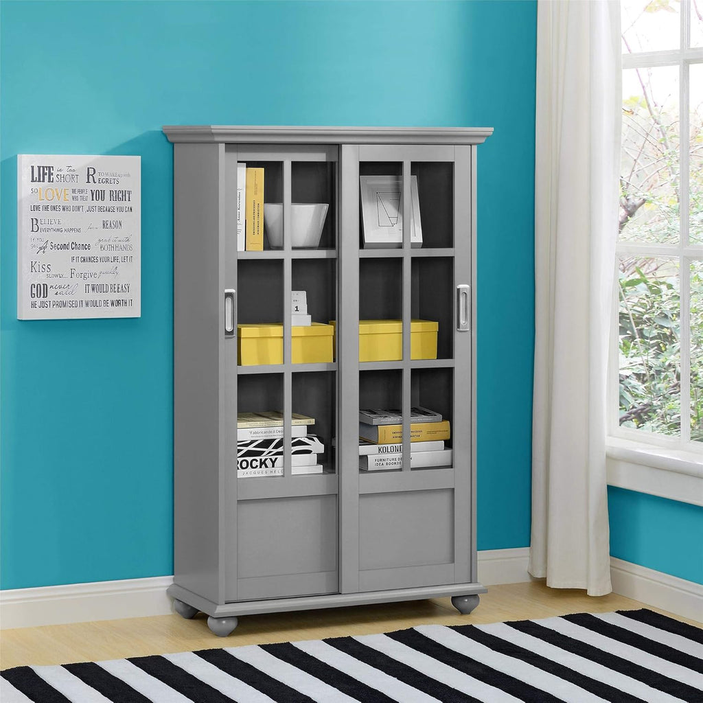 Black Bookcase with Sliding Glass Doors E9127