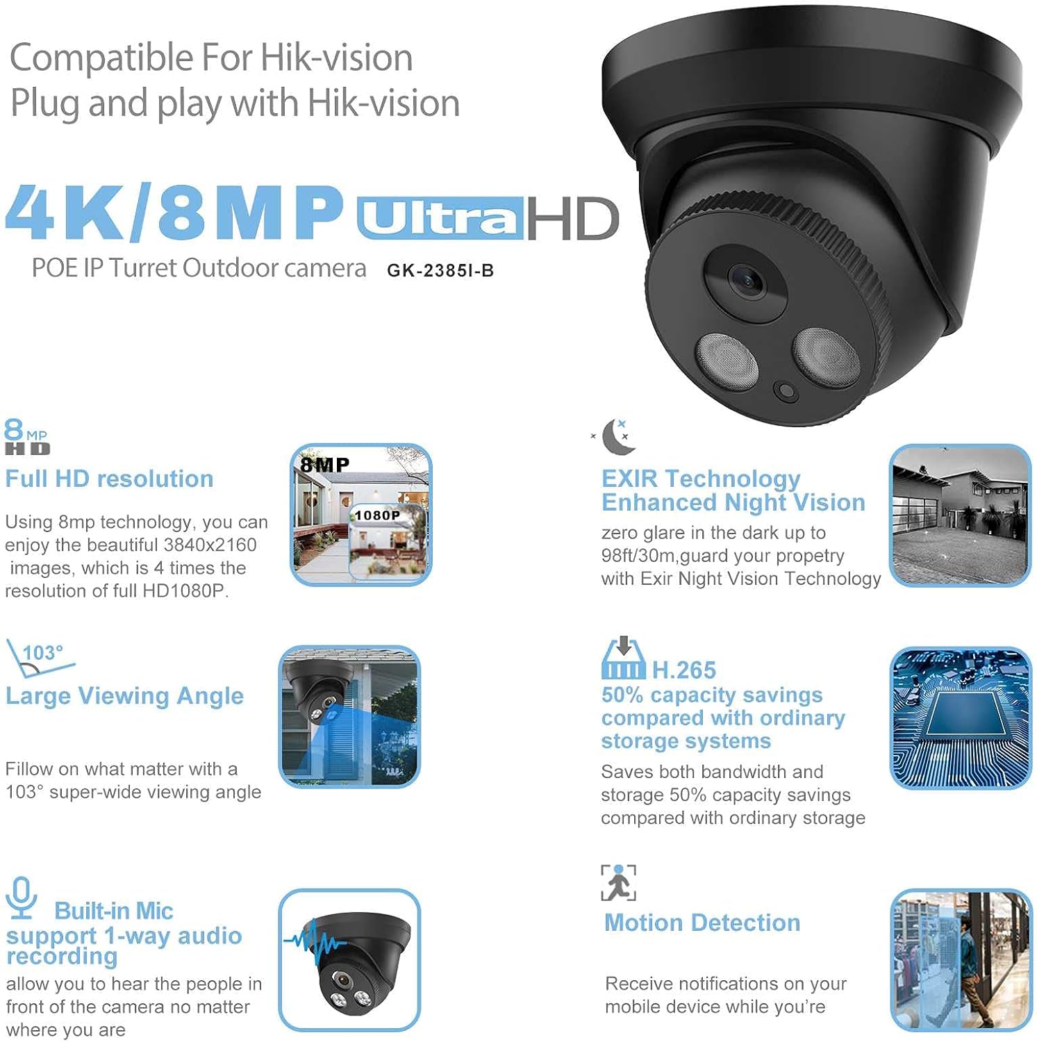 4K 8MP Outdoor PoE IP Turret Camera with Mic/Audio, 2.8mm Lens, IP67, WDR, Motion Detection D820776