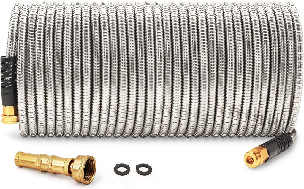 50 Feet 304 Stainless Steel Garden Hose with Brass Shut Off Valve, Pack of 2 I7980