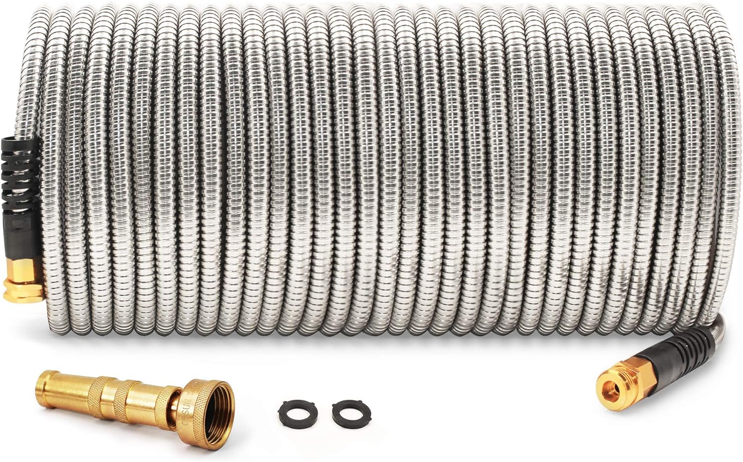 50 Feet 304 Stainless Steel Garden Hose with Brass Shut Off Valve, Pack of 2 I7980