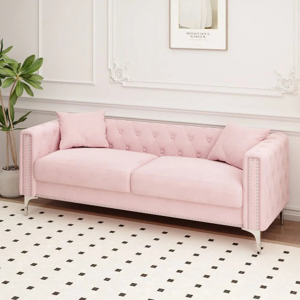 Pink Velvet Triple Sofa with 2 Pillows K491490