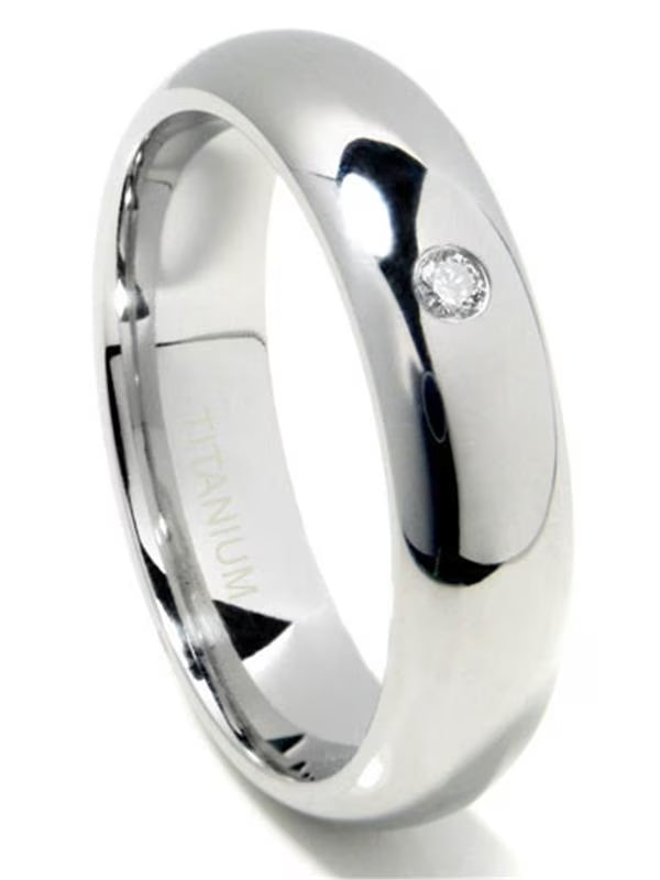 Titanium 6mm Solitaire Diamond High Polish Dome Comfort Fit Mens Wedding Band Ring Sz 10.0 F344760