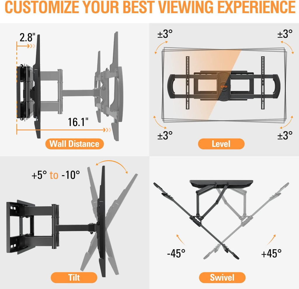 Full Motion TV Wall Mount for 42-70 Inch Flat Screen TVs, Max VESA 600x400mm, 100 lbs. Loading X3814