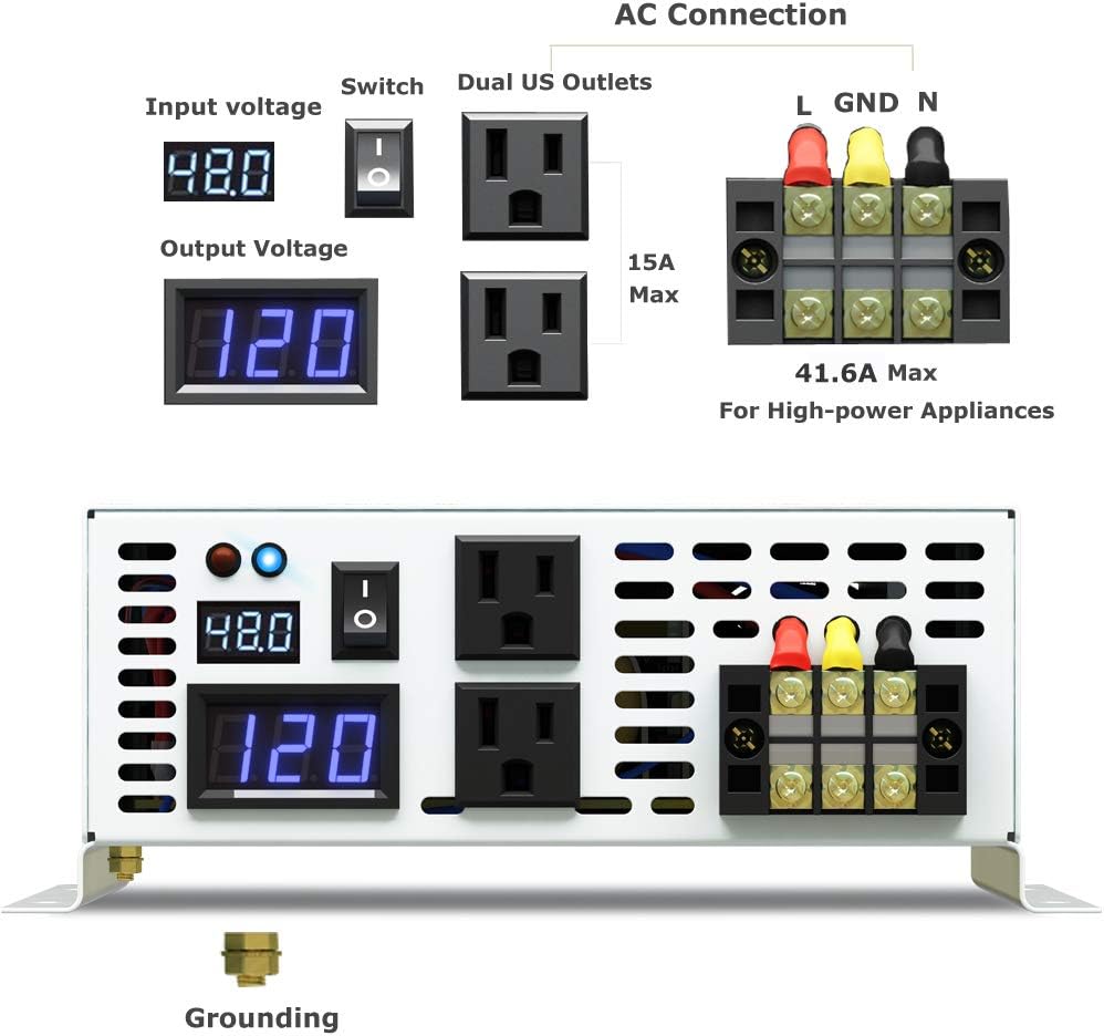 5000W Pure Sine Wave Power Inverter DC 48V to 110V 120V AC with Dual Outlets and Digital LED Display B5144