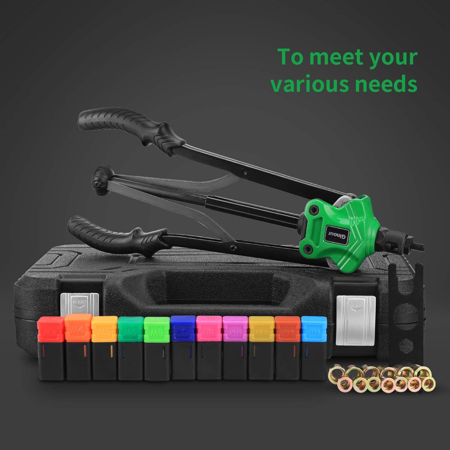 Rivnut Tool Kit with 11 Mandrels, 110PCS Rivet Nuts, Carry Case Y3039