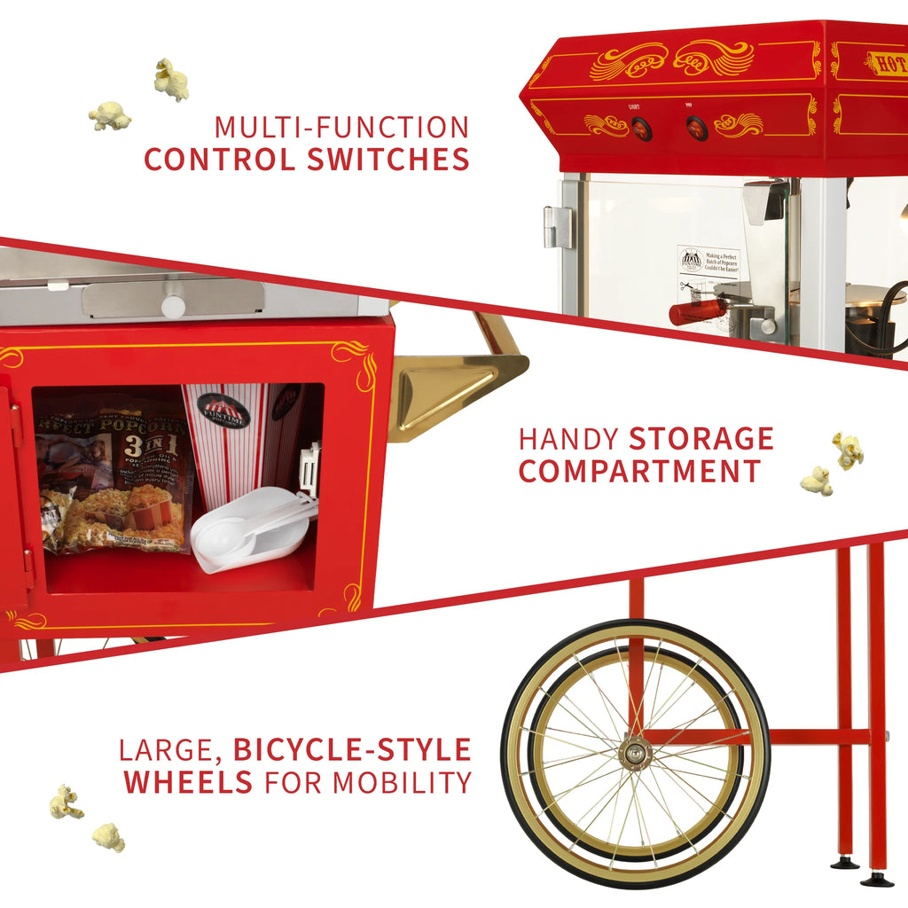 Red and Gold 4 oz Hot Oil Popcorn Maker Machine with Cart T42013