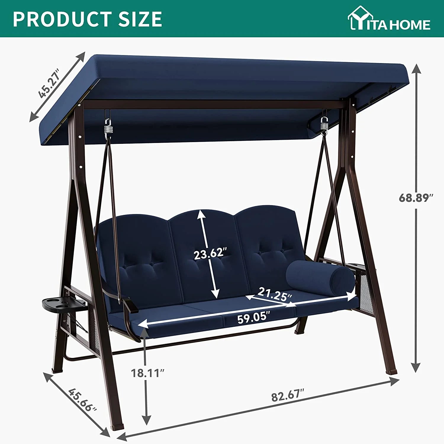 Navy Blue 3-Seat Steel Frame Patio Swing Chair with Canopy and Cushions S698