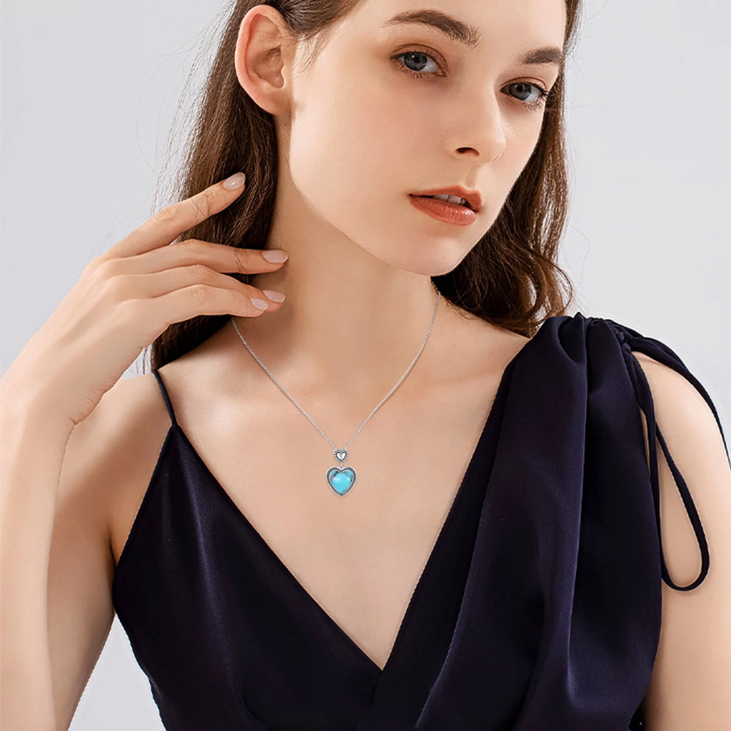 Heart Pendant Turquoise Necklace 18K White Gold Plated Jewelry T9337