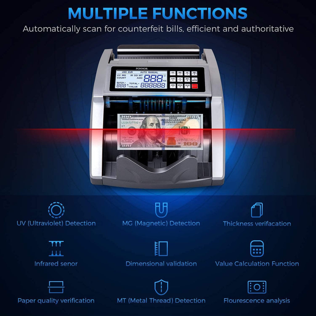 Money Counter Machine with UV/MG/IR/DD/DBL/HLF/CHN Counterfeit Detection, Bill Counting Machine with Portable Handle, Enlarge LCD Display S90305