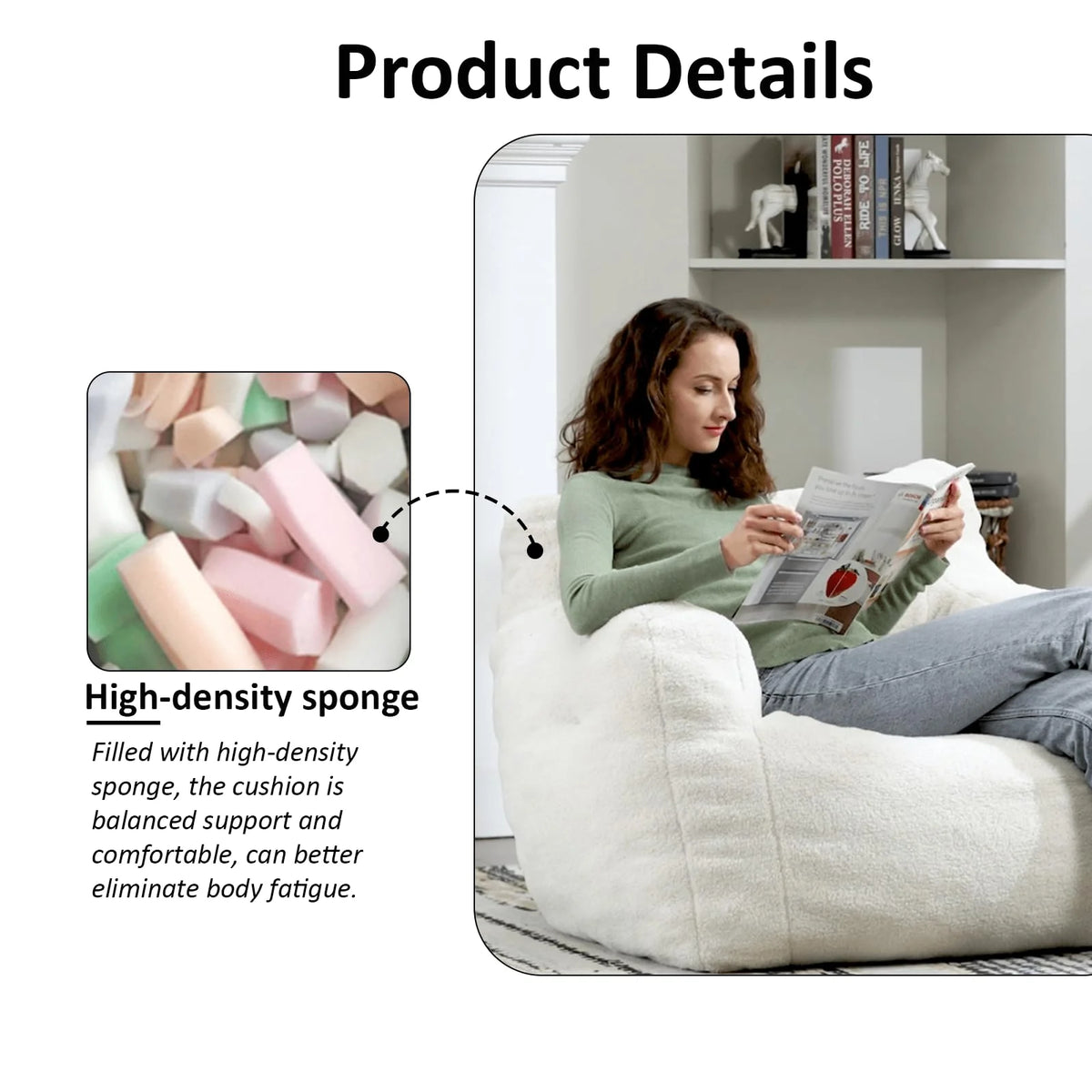 White Tufted Teddy Fabric Bean Bag Sofa with Armrest B730