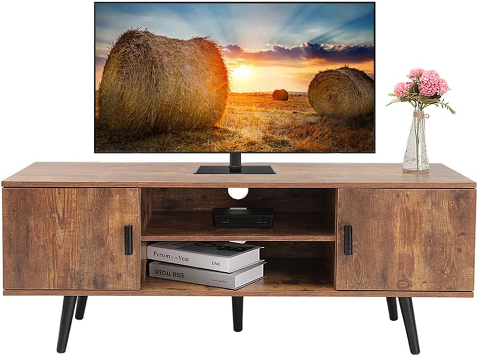 Dark Walnut Retro TV Stand with 2 Cabinet and 2 Shelves X98417