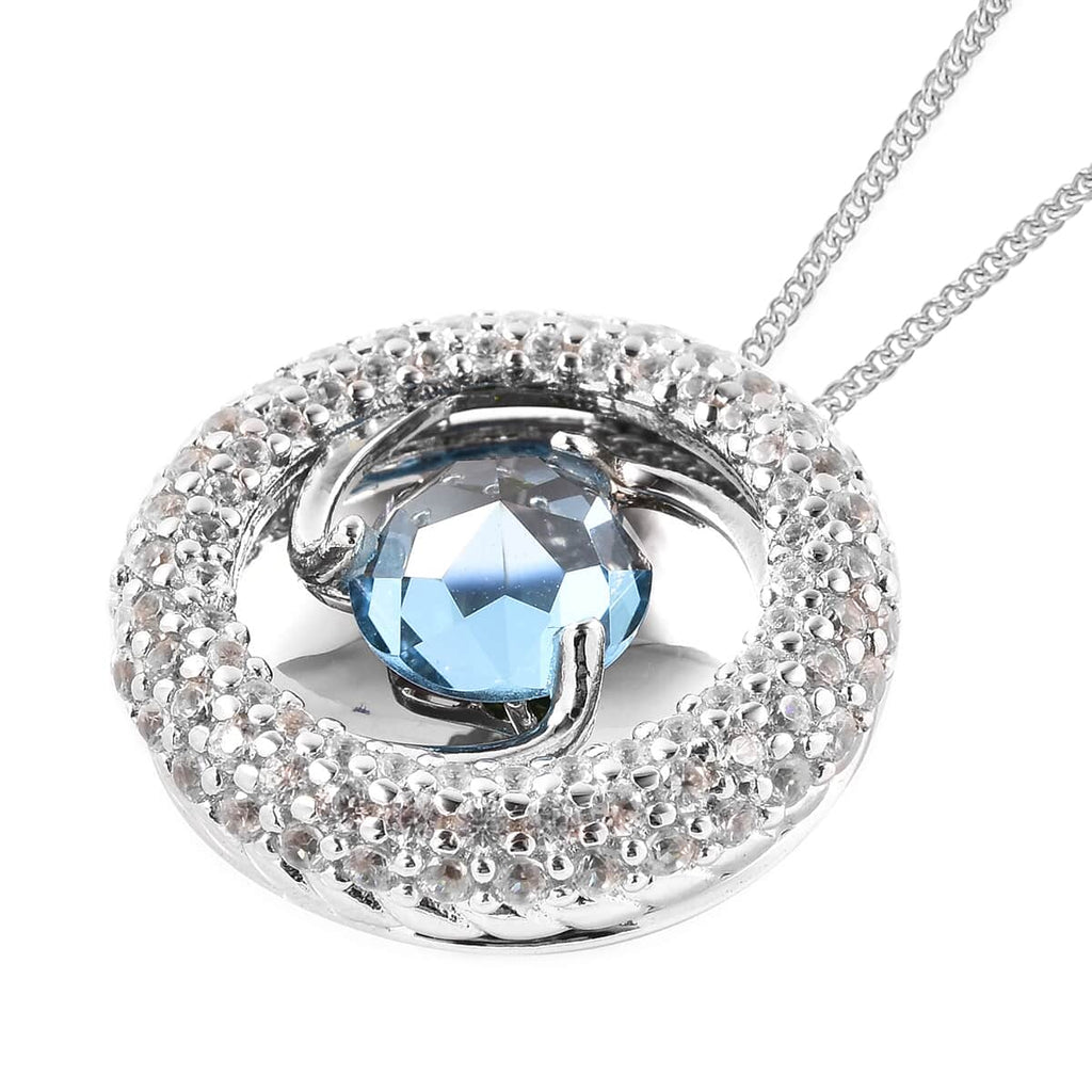 Blue Topaz Red Garnet 925 Sterling Silver Rhodium Plated Pendant Necklace W80139