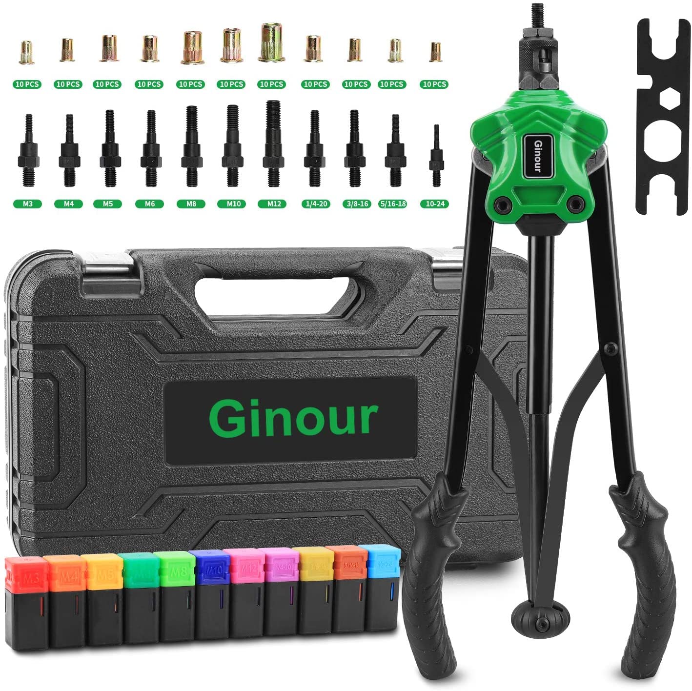 Rivnut Tool Kit with 11 Mandrels, 110PCS Rivet Nuts, Carry Case Y3039