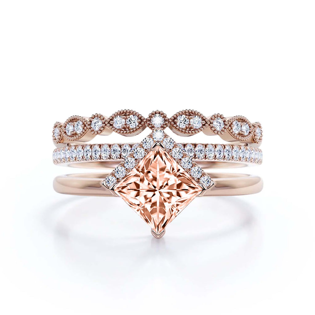 2.50 Carat Princess Cut Morganite And Diamond Moissanite Dainty Engagement Ring Trio Set Q463