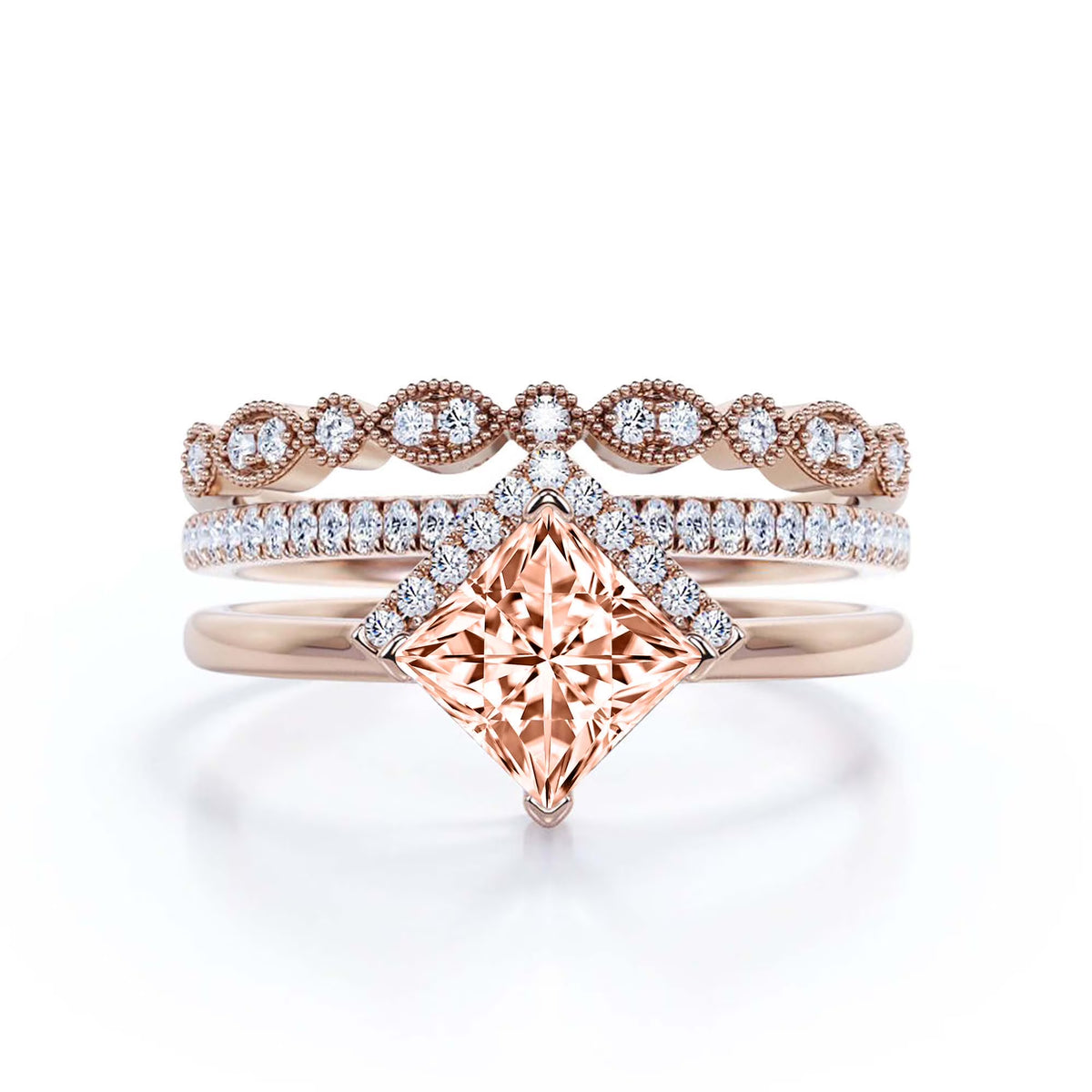 2.50 Carat Princess Cut Morganite And Diamond Moissanite Dainty Engagement Ring Trio Set Q463