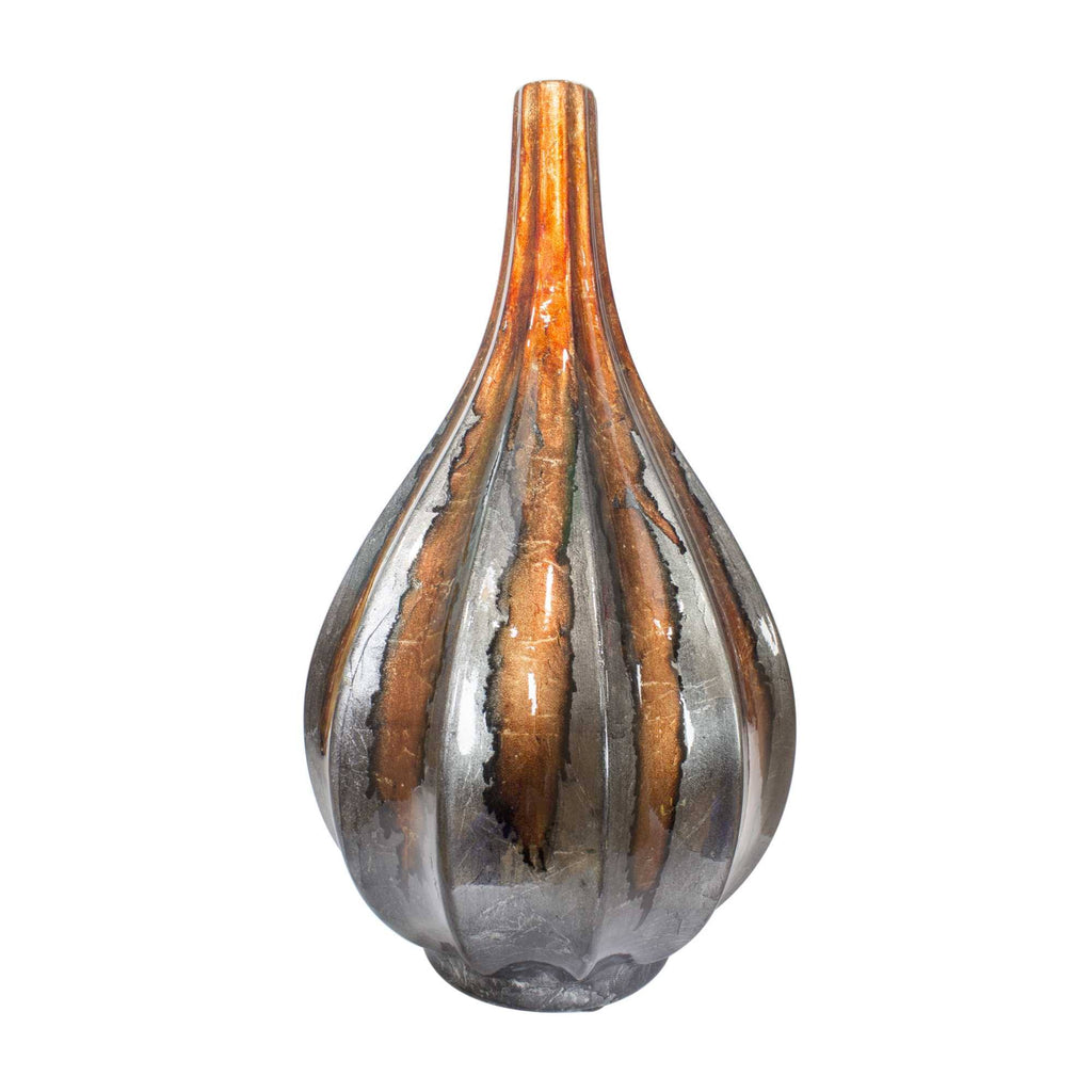 Copper Pewter Ceramic Foiled Lacquered Ridged Teardrop Vase X13829