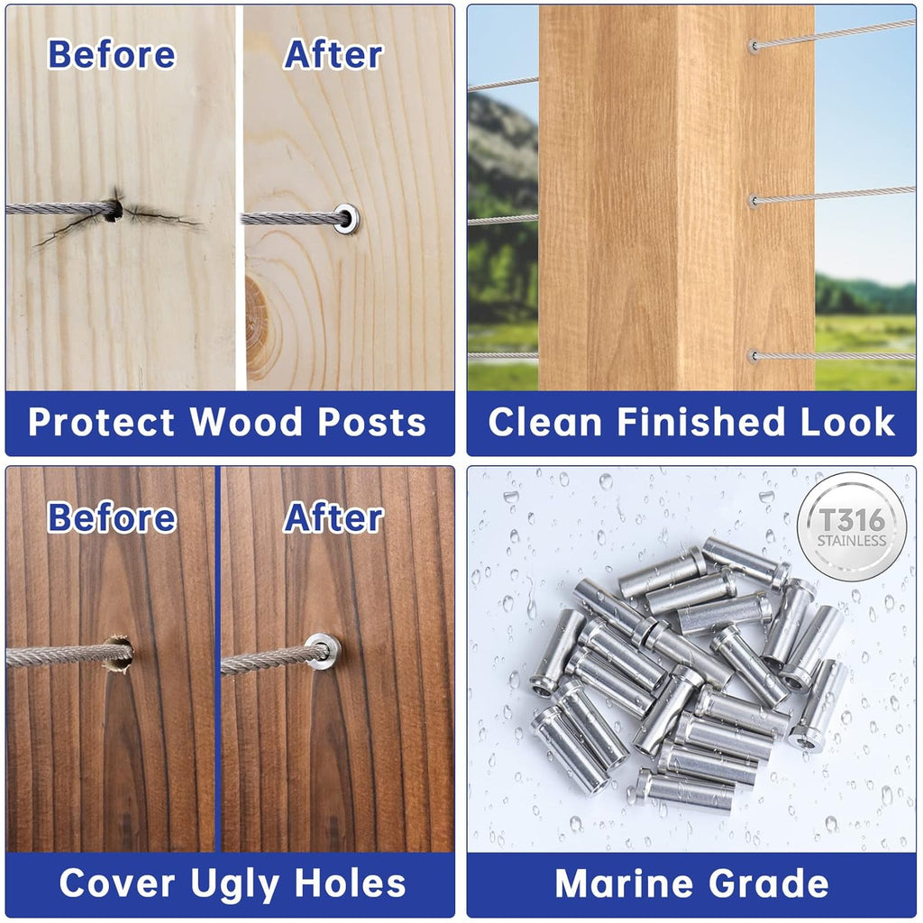 120Pack Stainless Steel Cable Railing Kit for 1/8 Wire Rope Wood Posts T316 Marine Grade S361