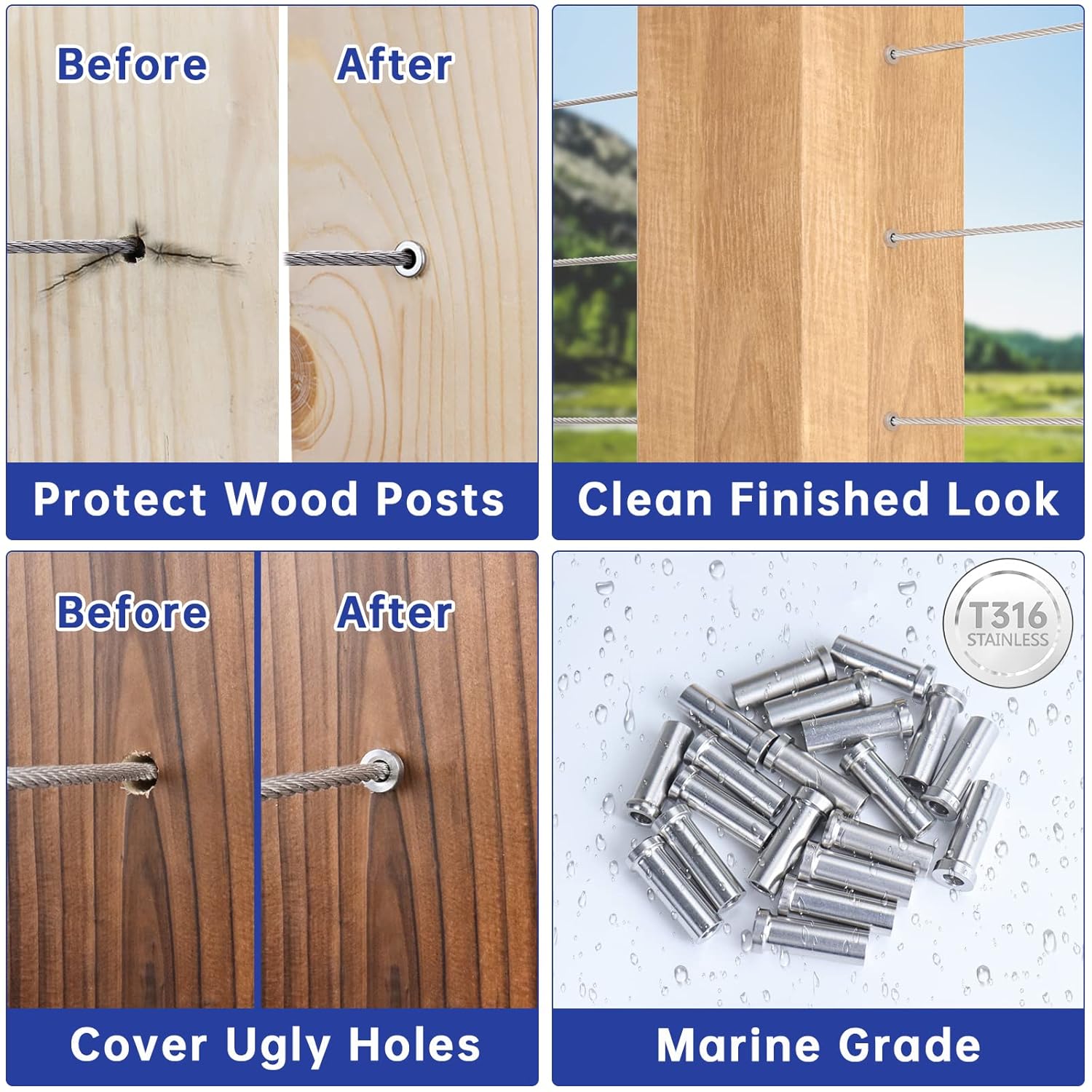 120Pack Stainless Steel Cable Railing Kit for 1/8 Wire Rope Wood Posts T316 Marine Grade S361
