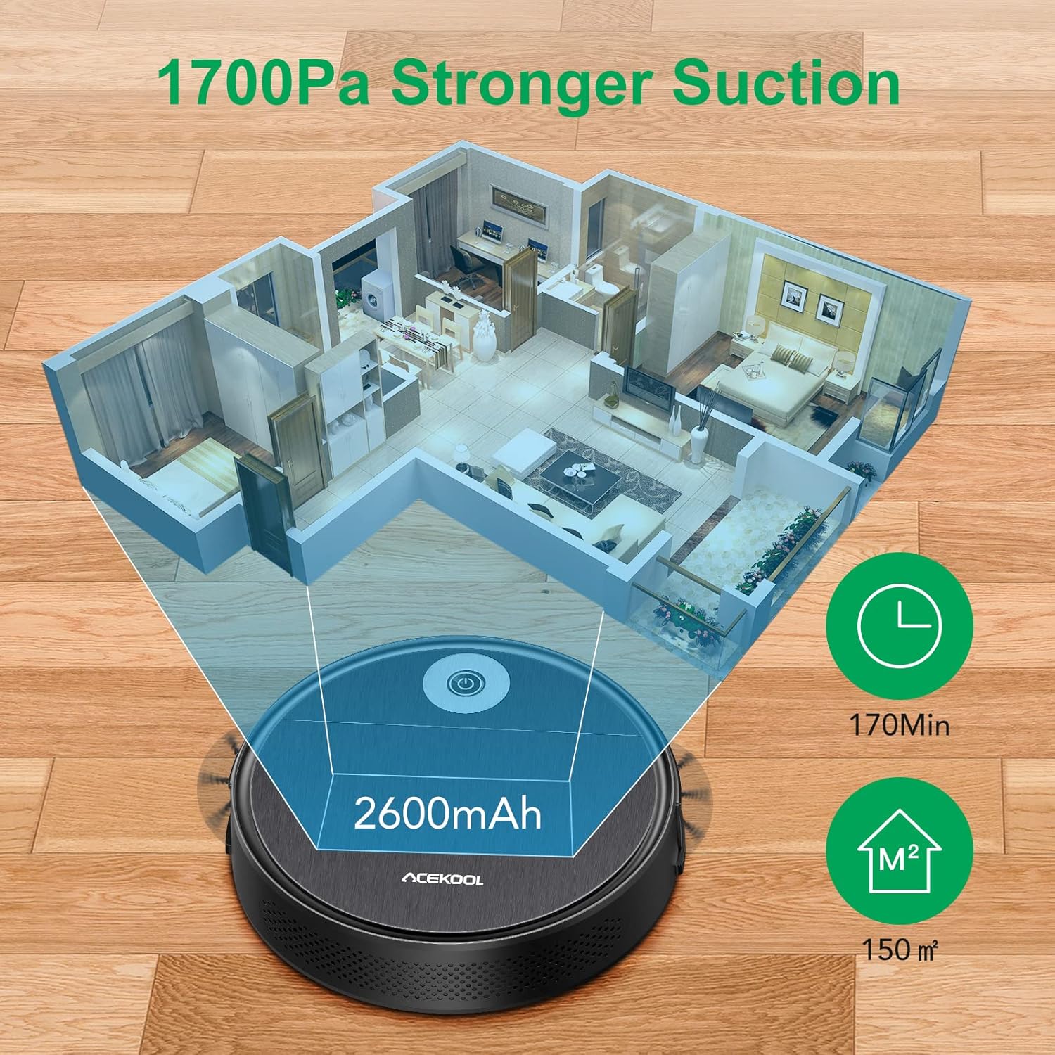 Robot Vacuum Cleaner, 1700pa Suction, 170min Runtime T1512