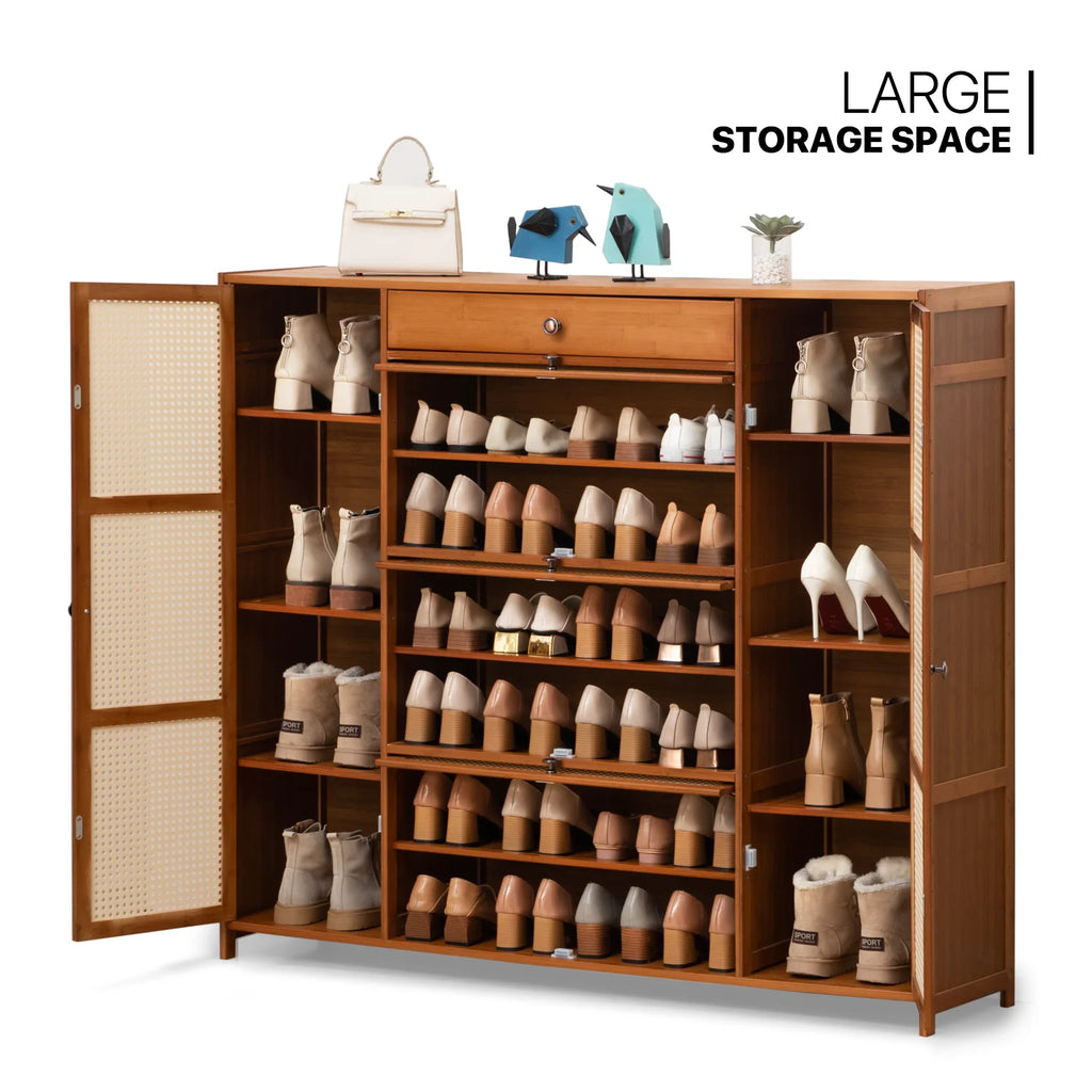 6-Tiers Rattan Shoe Storage Cabinet with Drawer, 32 Pairs, 8 Boots Compartments, Brown Q658177