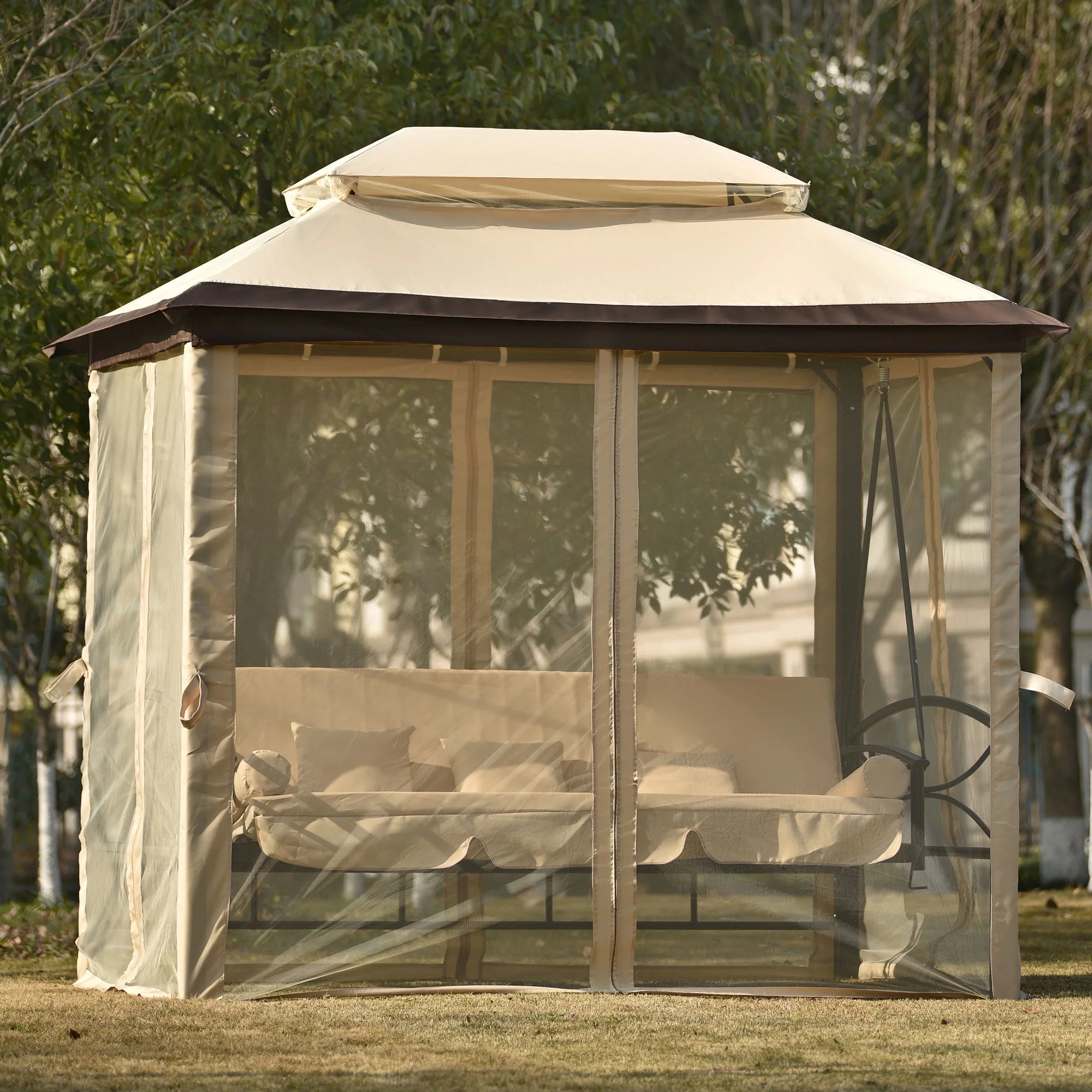 8.9 Ft. W x 5.9 Ft. D Outdoor Gazebo with Convertible Swing Bench, Double Roof Soft Canopy with Mosquito Netting C3609