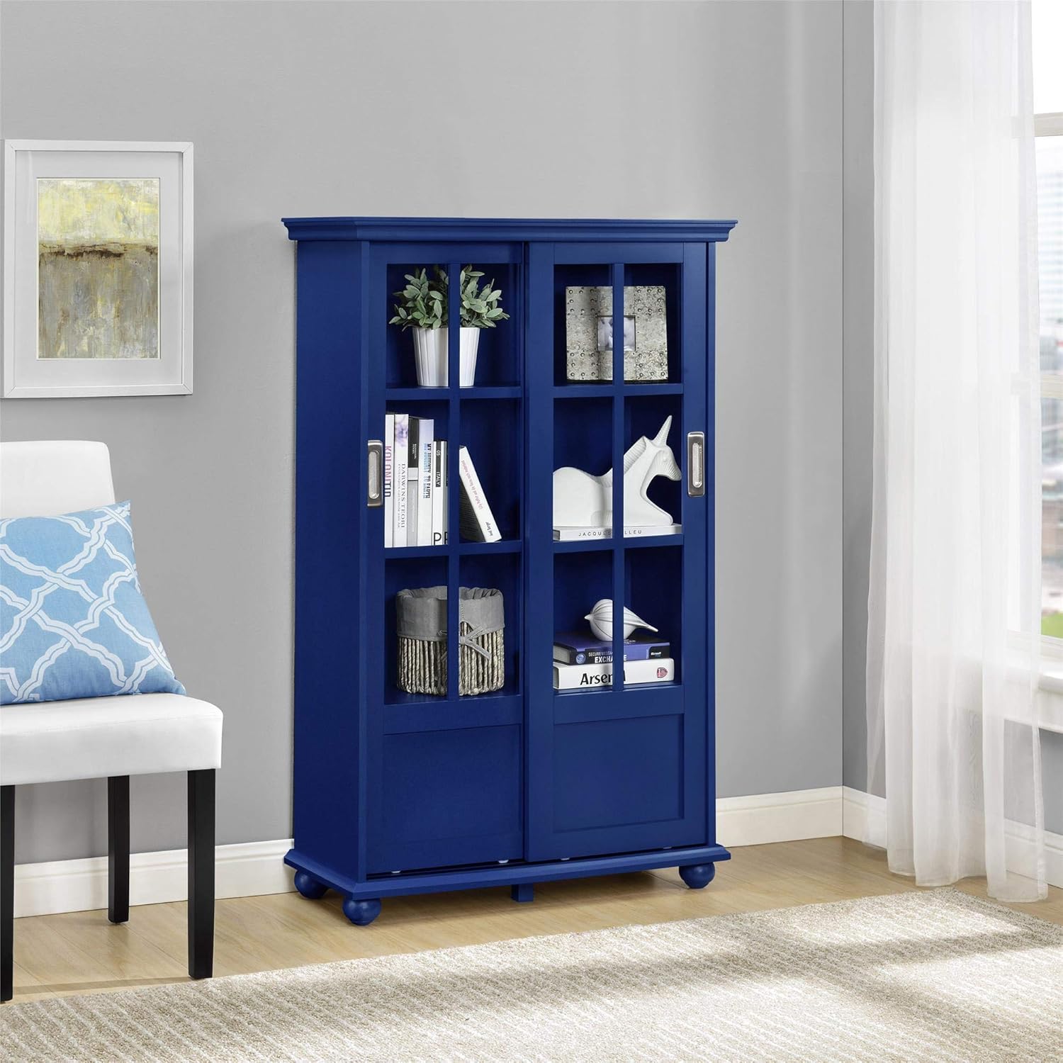 Black Bookcase with Sliding Glass Doors E9127