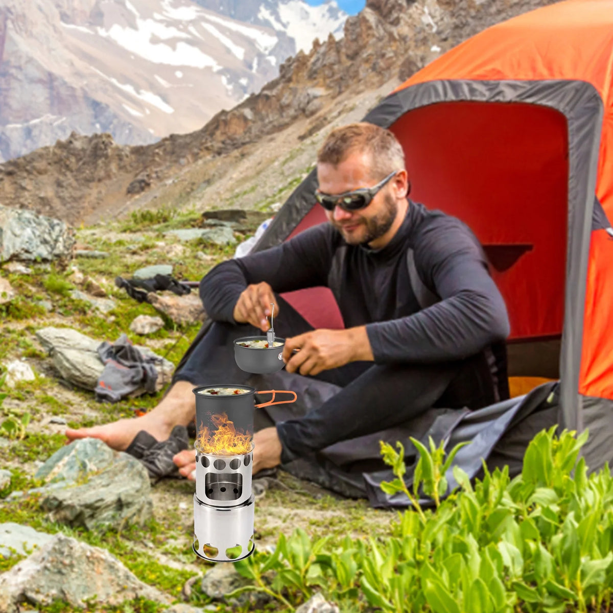 Outdoor Cooking Utensils Set with Camping Stove Lightweight Aluminum Pot and Stainless Steel Cutlery Y27016