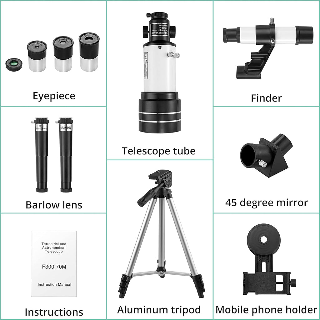 70mm Aperture 300mm Focal Length Refractor Telescope with Adjustable Tripod Stand E967