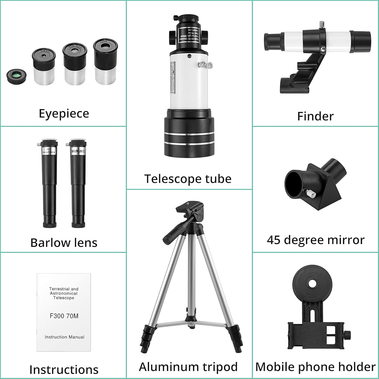 70mm Aperture 300mm Focal Length Refractor Telescope with Adjustable Tripod Stand E967