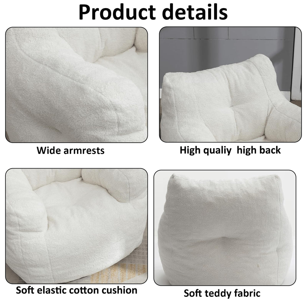 White Tufted Teddy Fabric Bean Bag Sofa with Armrest B730